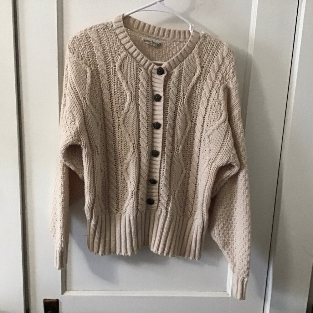 90's Garland made in USA Pullover Ecru cable and basket-weave knit sweater M